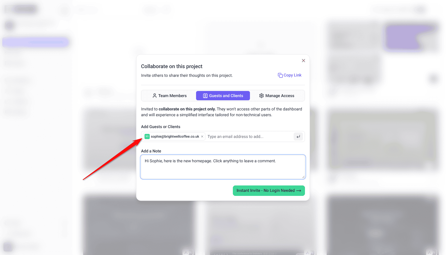 Collaborate on this project window on Guests and Clients, with an email and note added