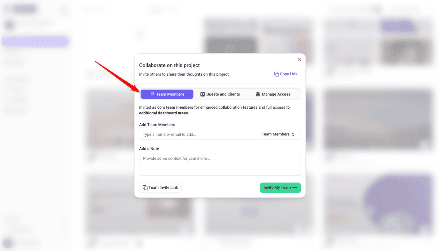Share modal on the Team Members tab, with fields to add team members and an invite note