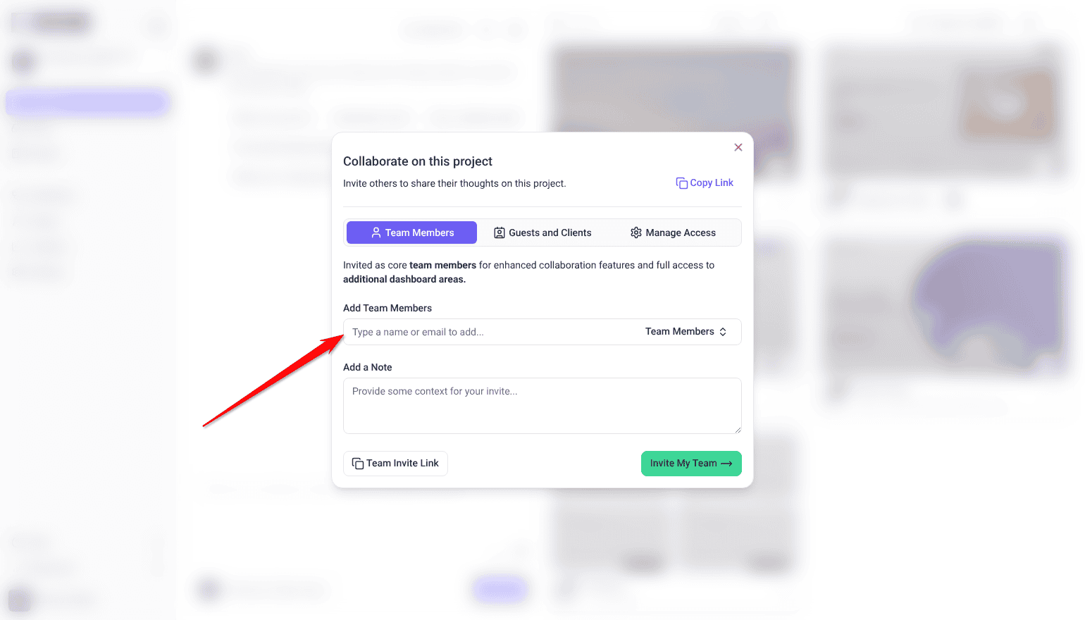 Collaborate on this project panel on the Team Members tab, with the arrow on the Add Team Members field