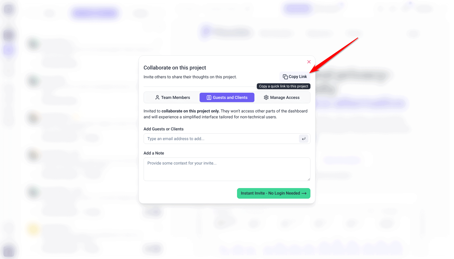 Collaborate on this project window with the arrow on Copy Link and its tooltip, Copy a quick link to this project