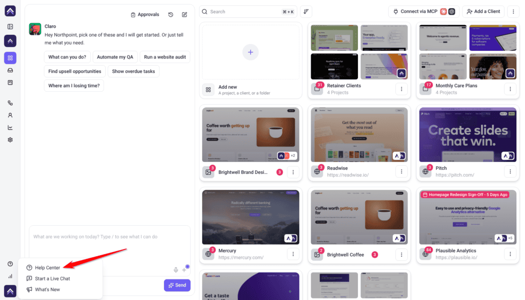 Projects screen with the Help menu open on Help Center, Start a Live Chat and What's New, arrow pointing at Help Center