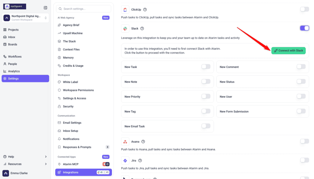 Slack card switched on, explaining Slack must be connected first, with the arrow pointing at Connect with Slack