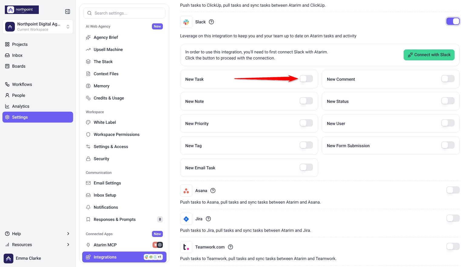 Slack card with nine event switches from New Task to New Email Task, the arrow pointing at the New Task switch