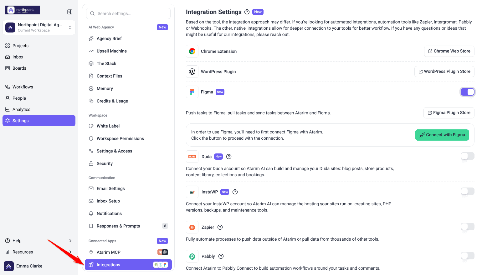 Integration Settings page in Atarim settings, listing Chrome Extension, WordPress Plugin, Figma and more, the arrow on Integrations