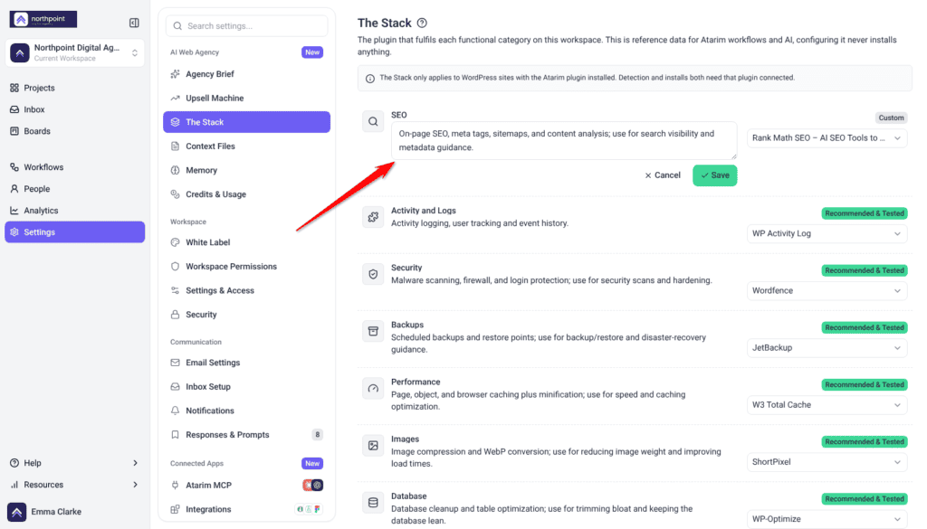 The Stack with the SEO description open in a text box with Cancel and Save buttons; the arrow points at the text box