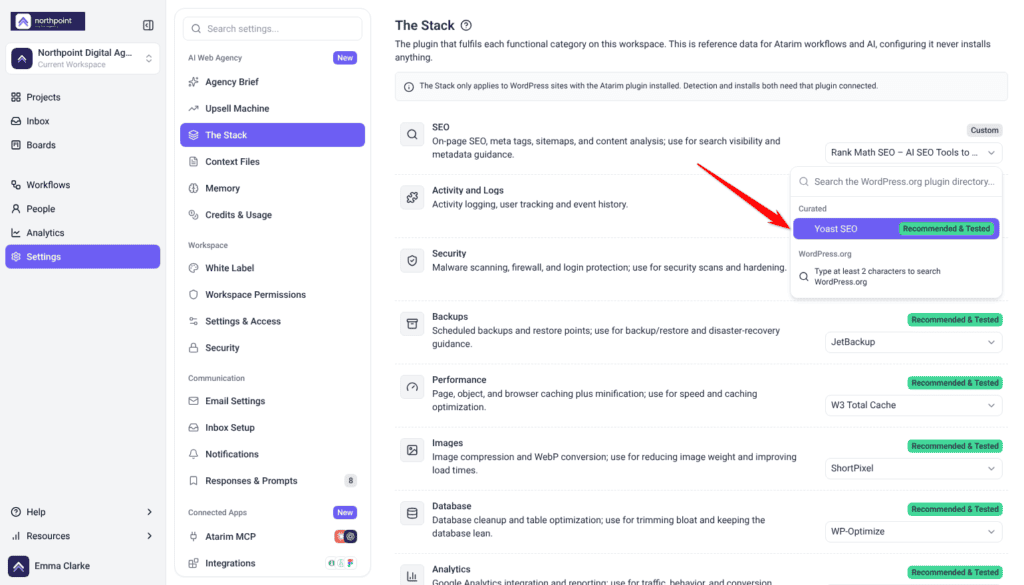 The Stack with the SEO plugin picker open, showing Yoast SEO under Curated above the WordPress.org group; the arrow points at Yoast SEO