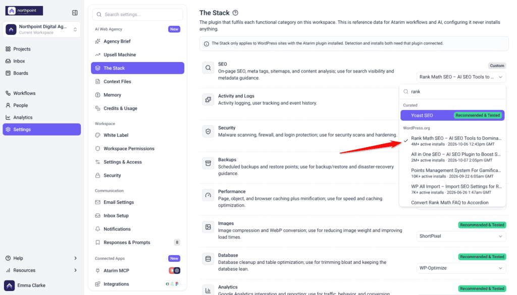 The Stack plugin picker searched for rank, listing WordPress.org results with active install counts; the arrow points at the first result