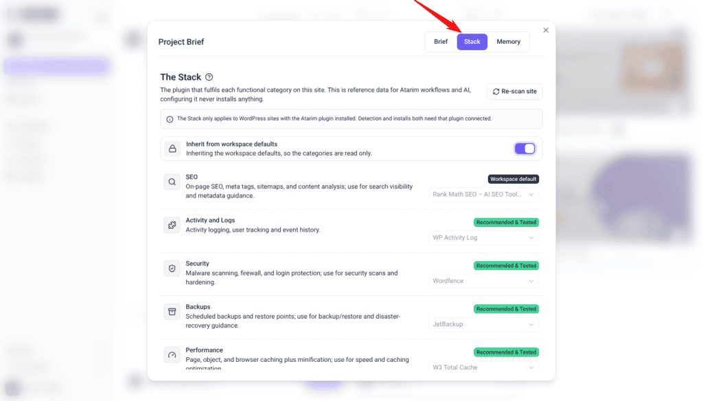 Project Brief window on Meet Honey with the Stack tab selected beside Brief and Memory; the arrow points at Stack