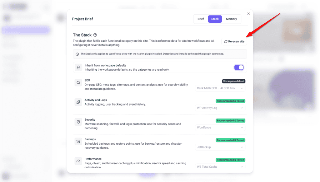 Project Brief window on the Stack tab showing The Stack for this site; the arrow points at the Re-scan site button