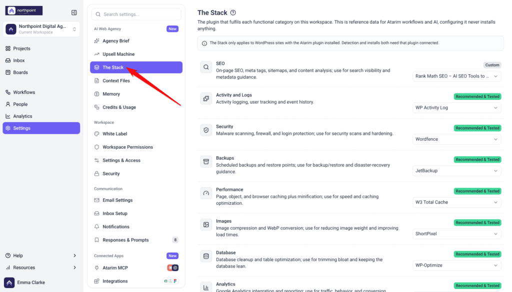 Settings page with The Stack open, listing SEO, Activity and Logs, Security and more with plugin pickers and badges; the arrow points at The Stack