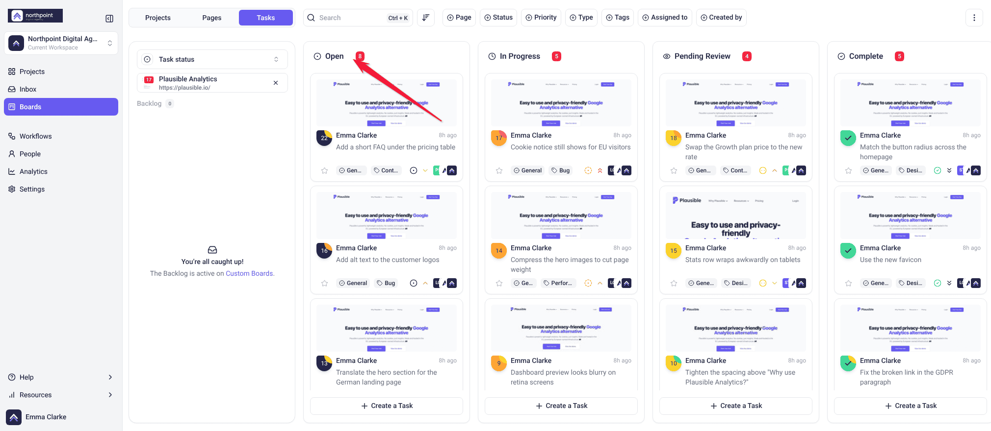 Task status board where Open holds eight tasks, more than any other column