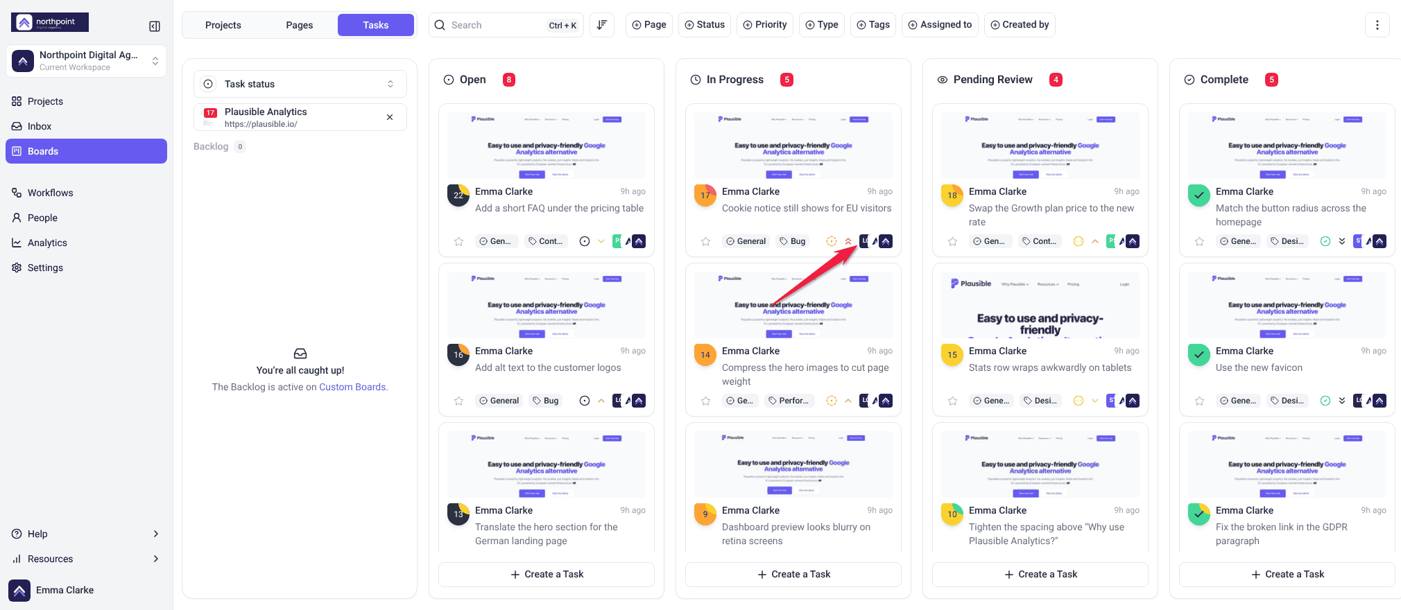 Task status board for Plausible Analytics with each task card showing its priority icon and assignee avatar