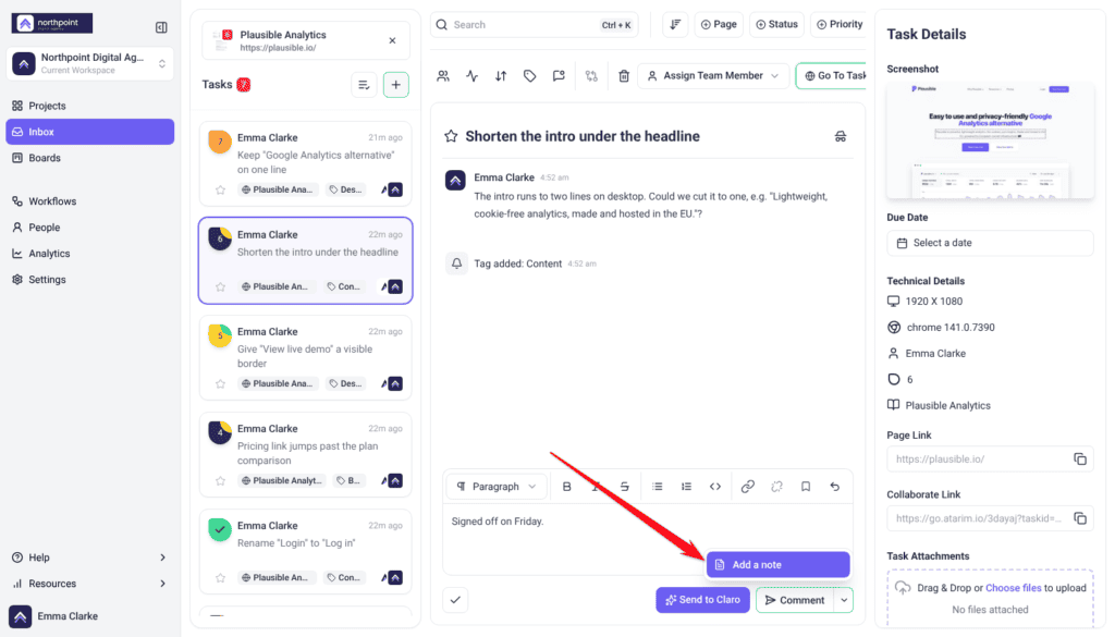 Task reply menu open on Add a note below the comment box