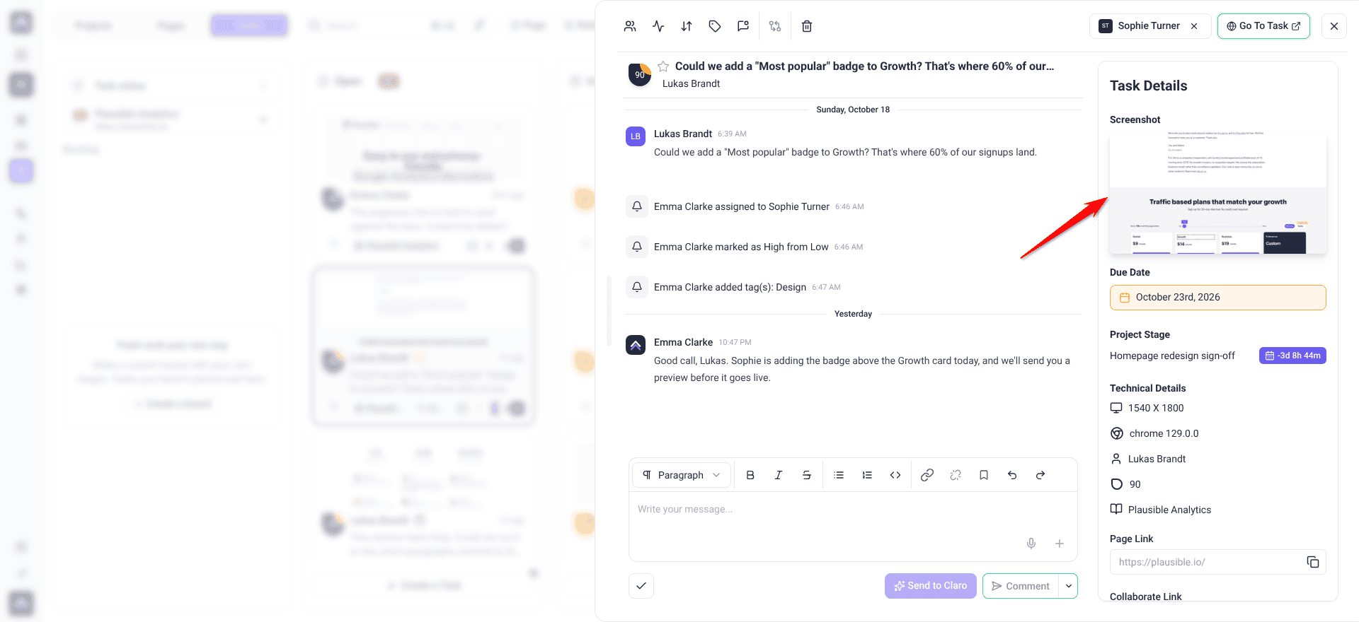 Task Details with the screenshot captured when the feedback was left