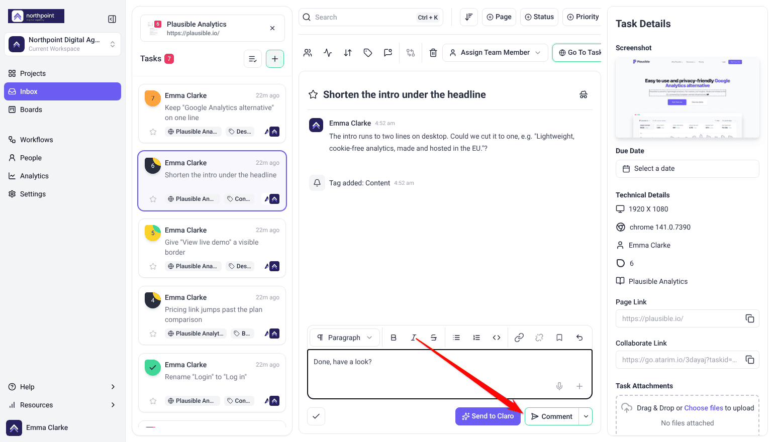 Reply typed in a task's comment box with the Comment button
