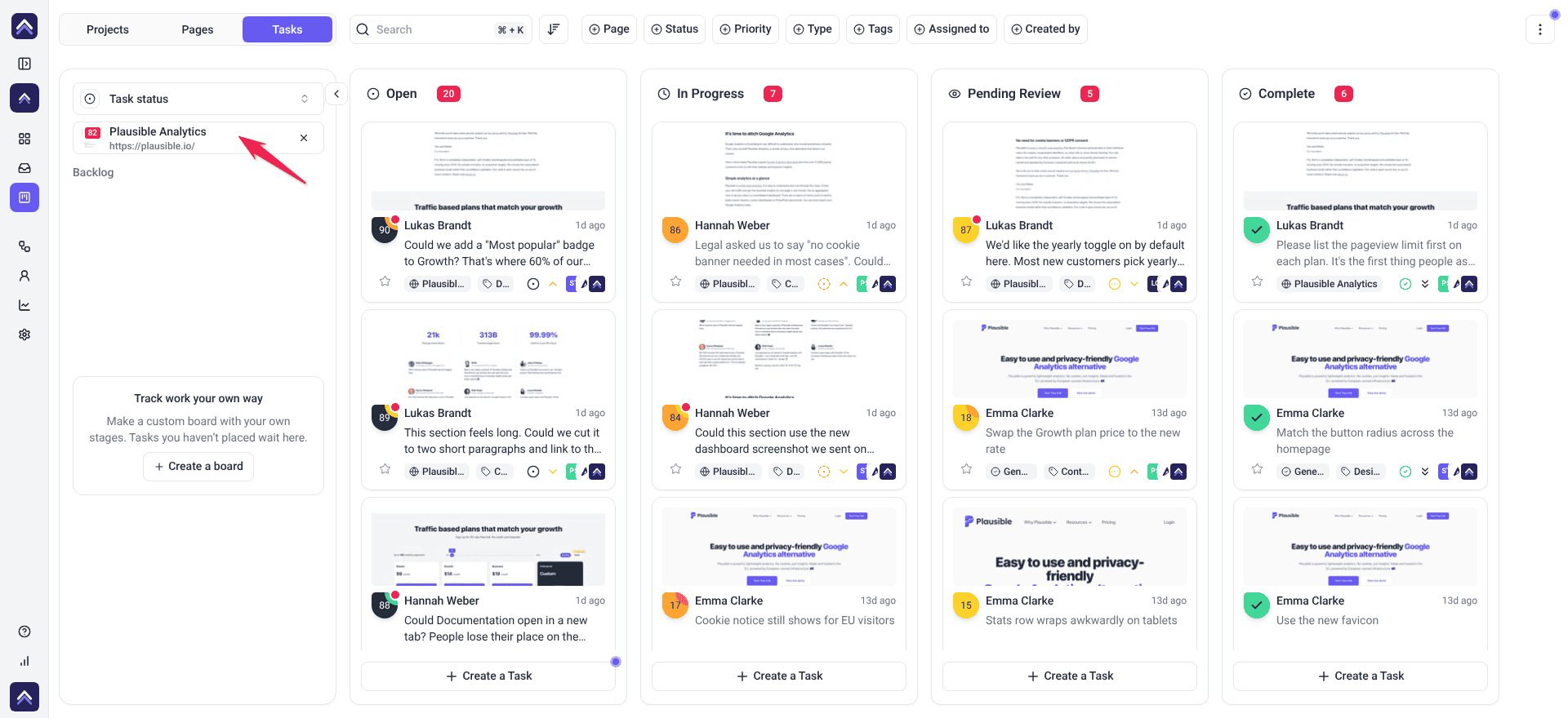 Task status board for Plausible Analytics with tasks in Open, In Progress, Pending Review and Complete