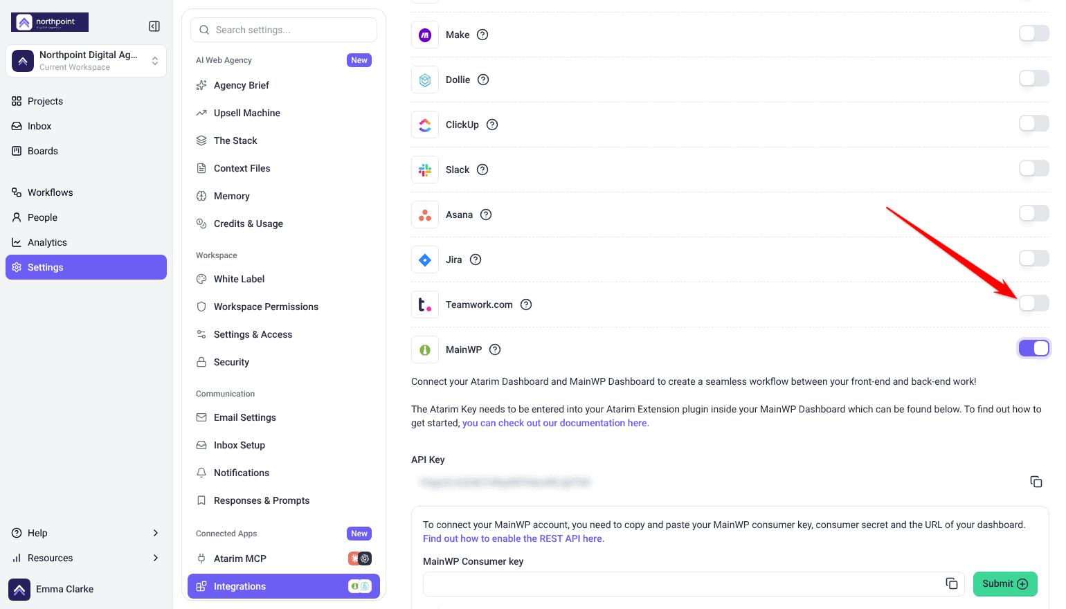 Integration Settings list with the Teamwork.com toggle switched off, ready to turn on