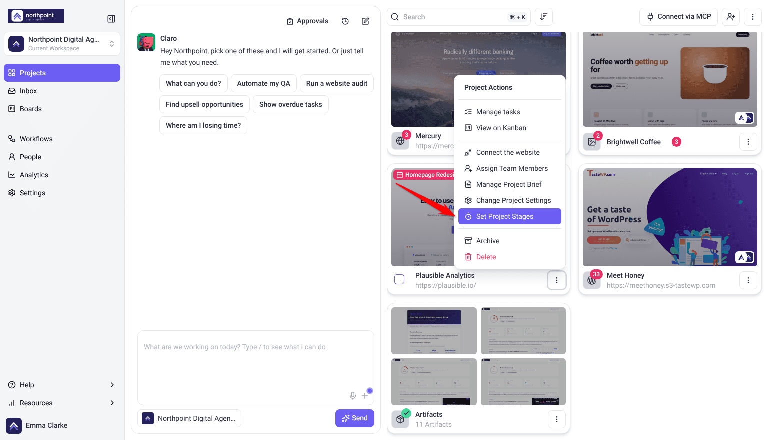 Project Actions menu open on the Plausible Analytics card; the arrow points at Set Project Stages