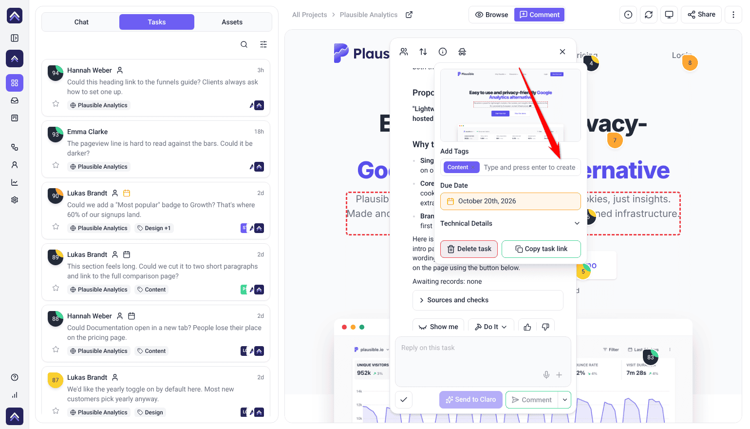 Collaborate task panel with the Add Tags field holding the Content tag; the arrow points at the field