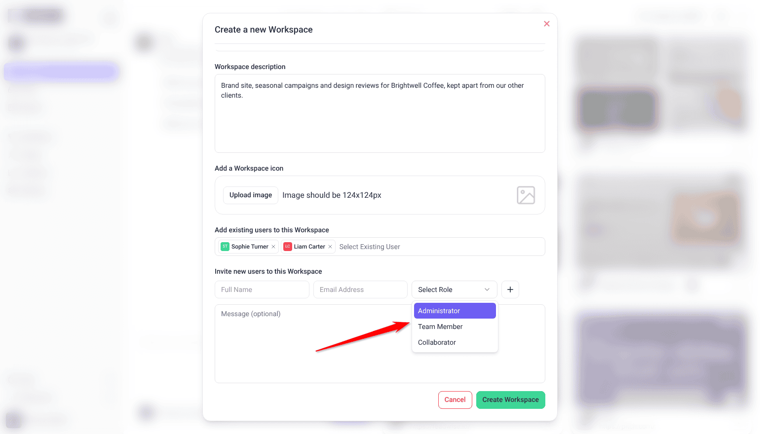 Create a new Workspace form with Sophie Turner and Liam Carter added and the Select Role list open; the arrow points at it