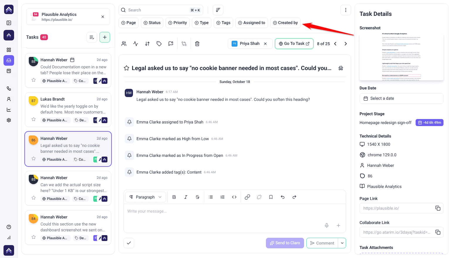 Inbox filter bar with Page, Status, Priority, Type, Tags, Assigned to and Created by; the arrow points at the filters