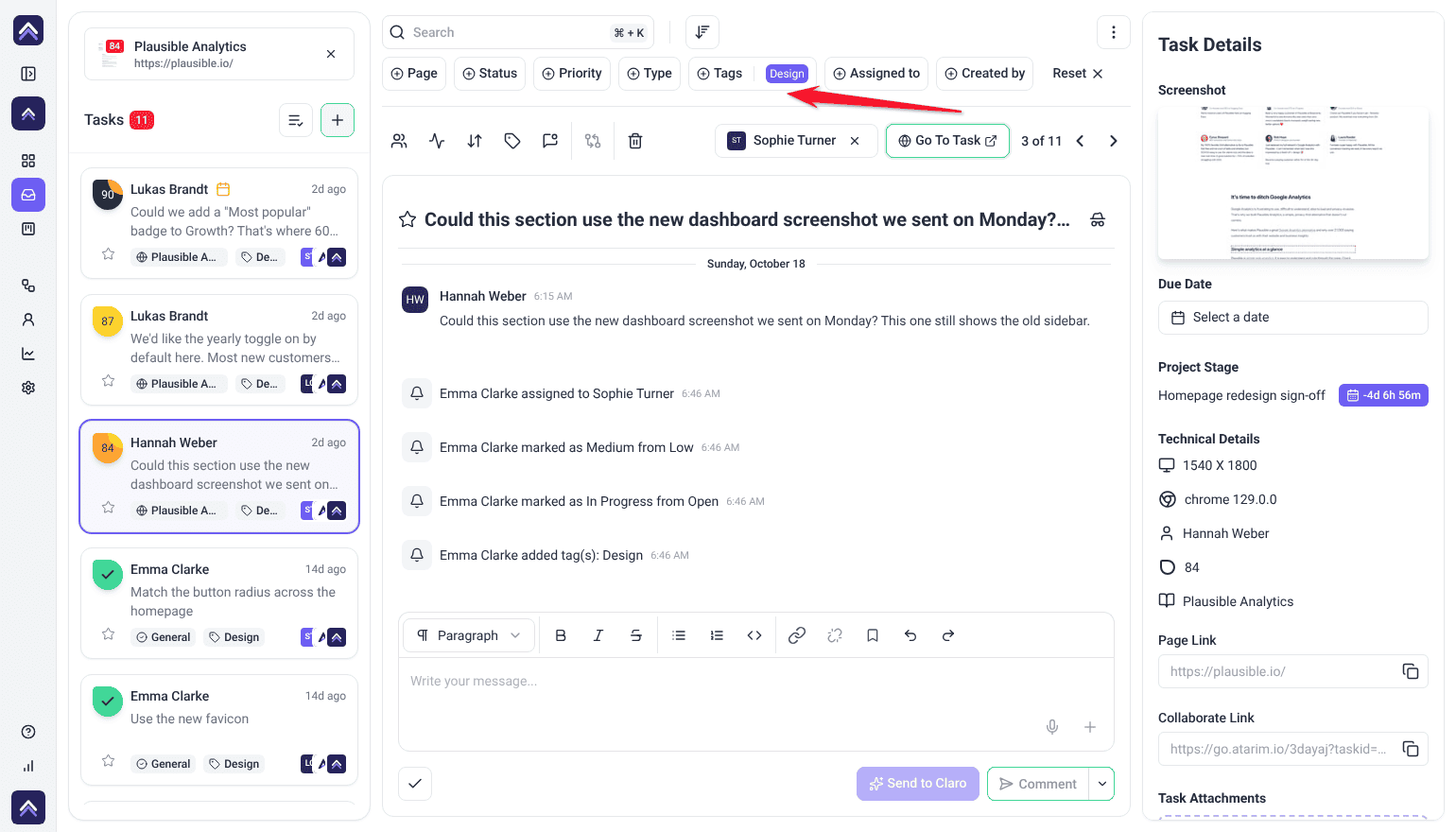 Inbox filtered by the Design tag, listing 11 tasks; the arrow points at Design in the Tags filter