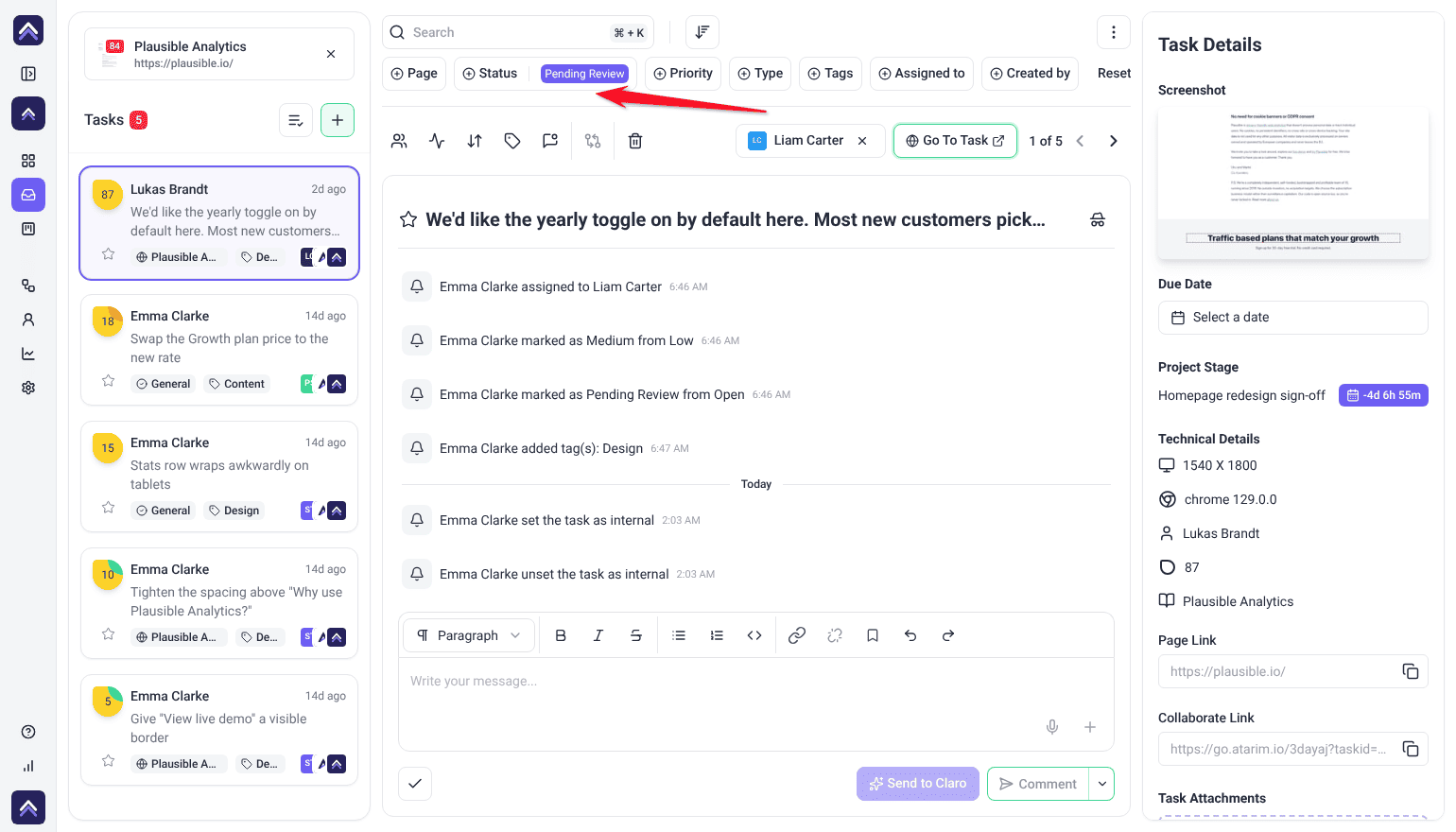 Inbox filtered by Status to Pending Review, listing five tasks; the arrow points at the Pending Review filter