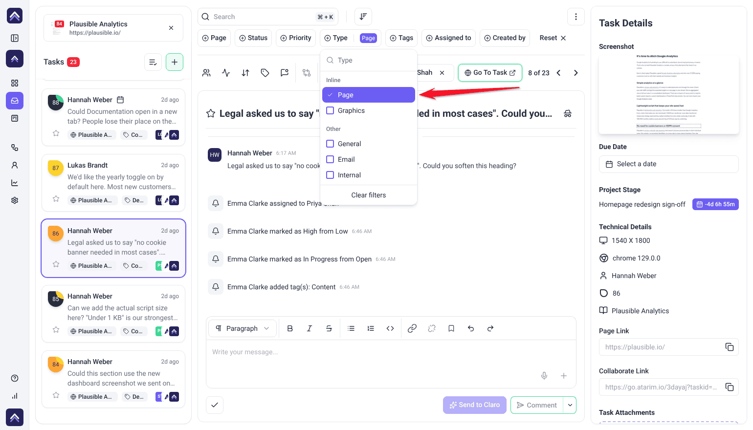 Inbox Type filter open with Page ticked under Inline, above Graphics, General, Email and Internal; the arrow points at Page