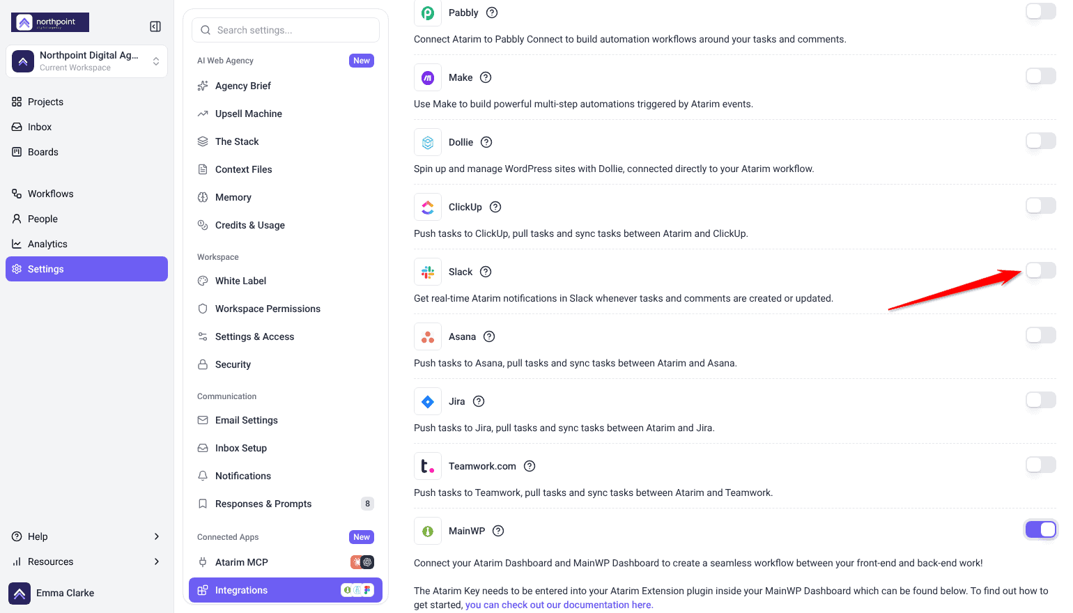 Integrations settings listing ClickUp, Slack, Asana and Jira with their switches, the arrow on the Slack switch