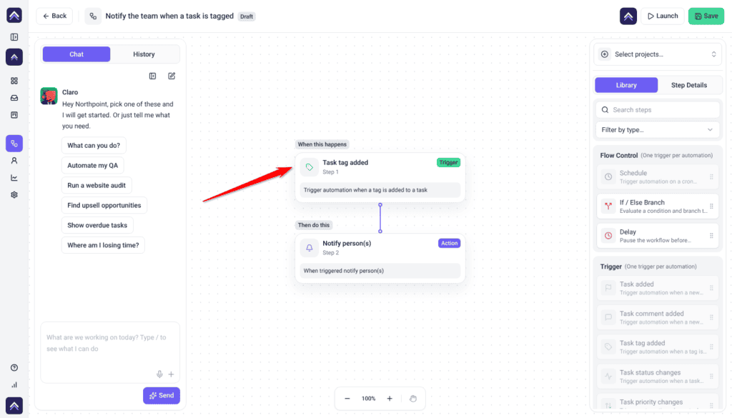 Workflow builder with a Task tag added trigger followed by Notify person(s); the arrow points at the trigger