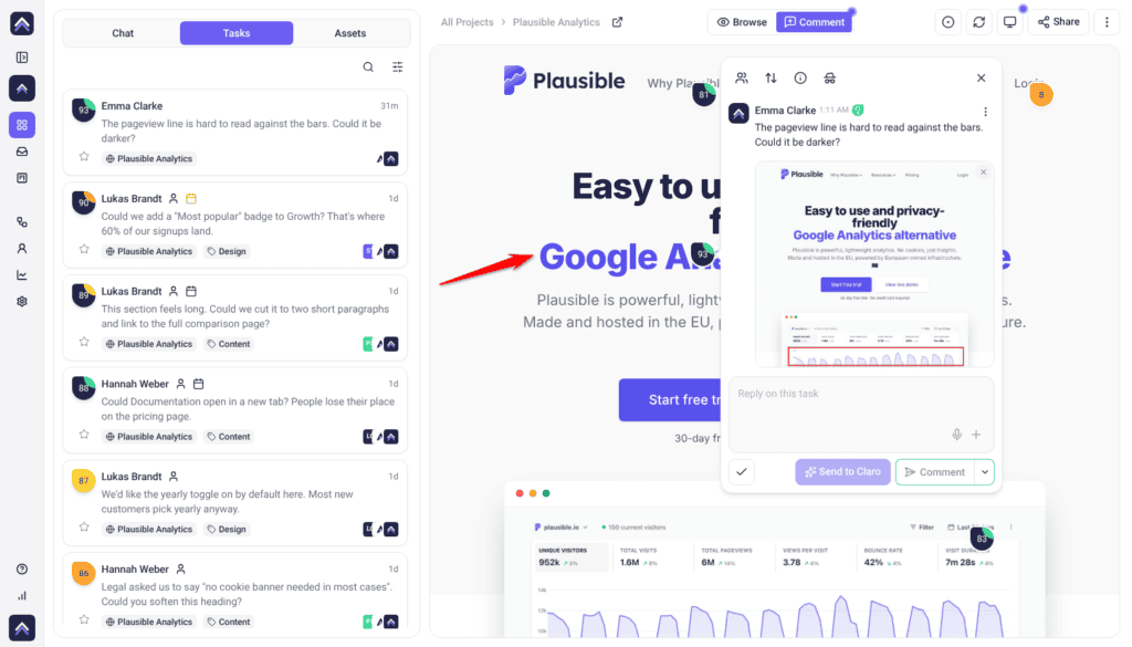 A task marker pinned to the Google Analytics alternative headline on the Plausible site, with its task open beside it