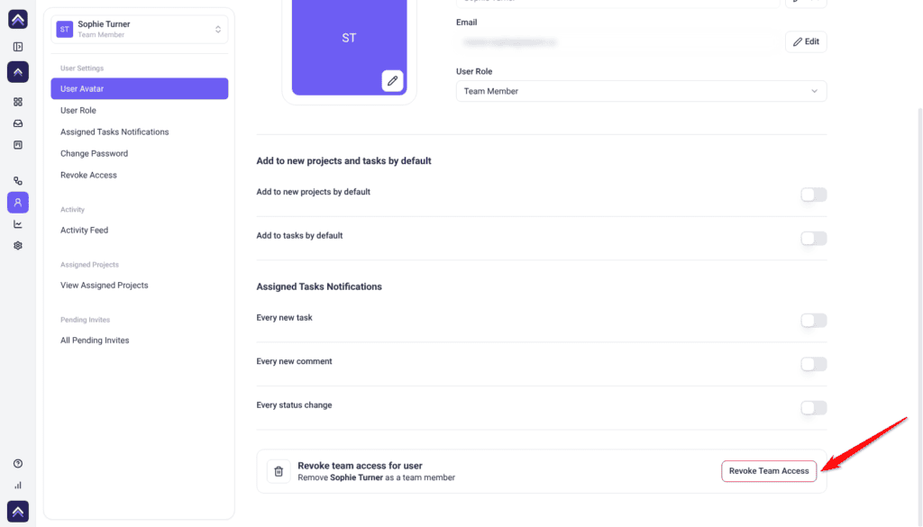 User Settings for Sophie Turner at Revoke team access for user, arrow pointing at Revoke Team Access