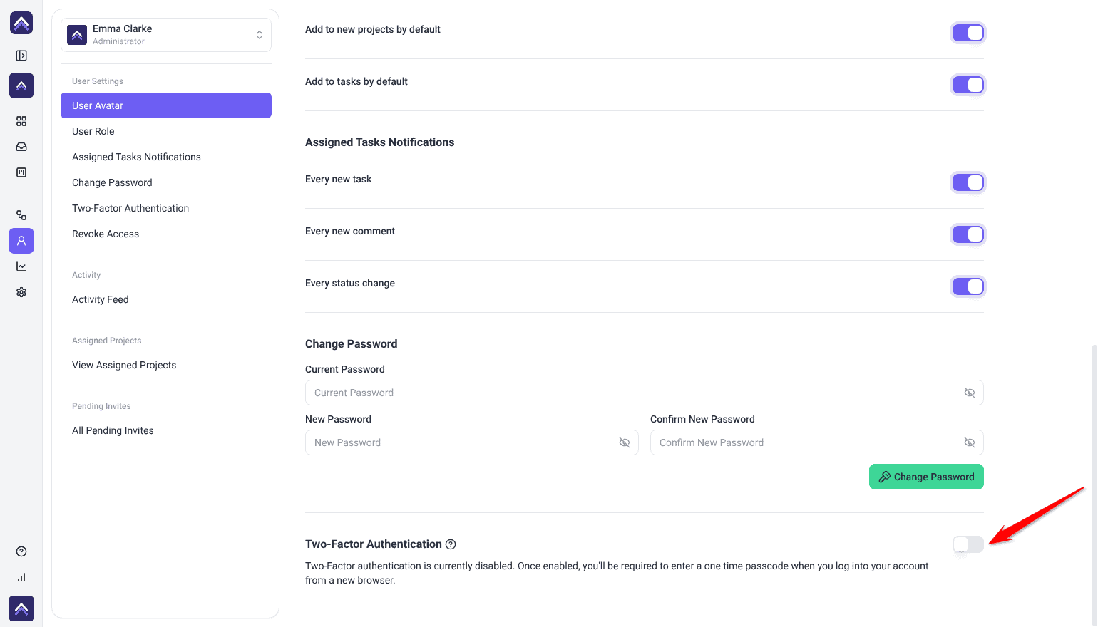 Your own User Settings at Two-Factor Authentication, currently disabled, arrow pointing at its switch