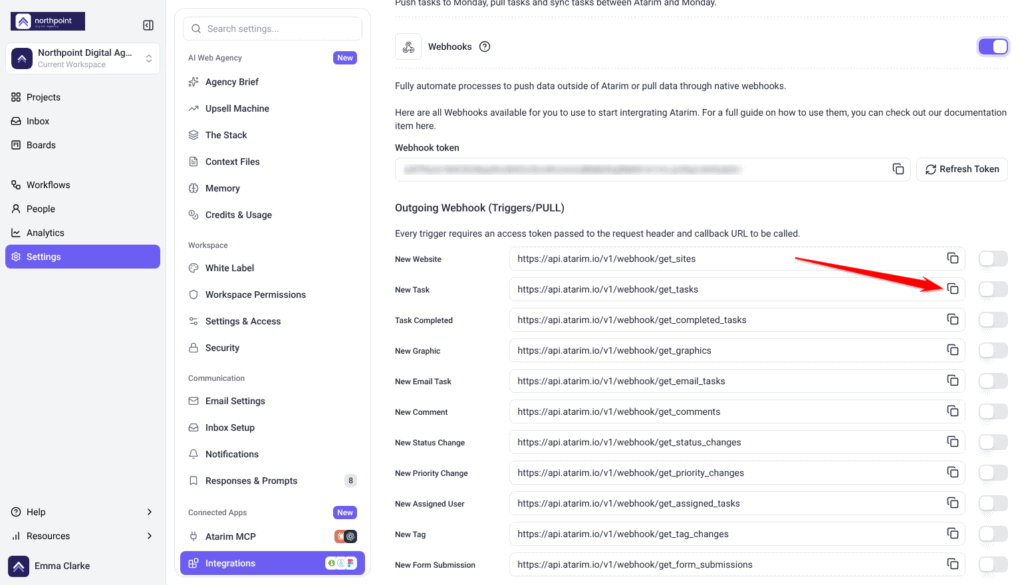 Webhooks switched on, Webhook token blurred, Outgoing Webhook (Triggers/PULL) rows below, arrow on the New Task copy icon
