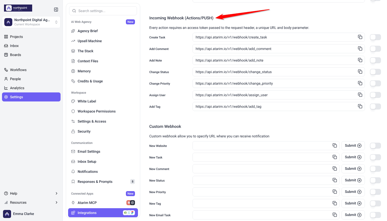 Incoming Webhook (Actions/PUSH) list with a URL, copy icon and switch for each action, arrow on the section heading