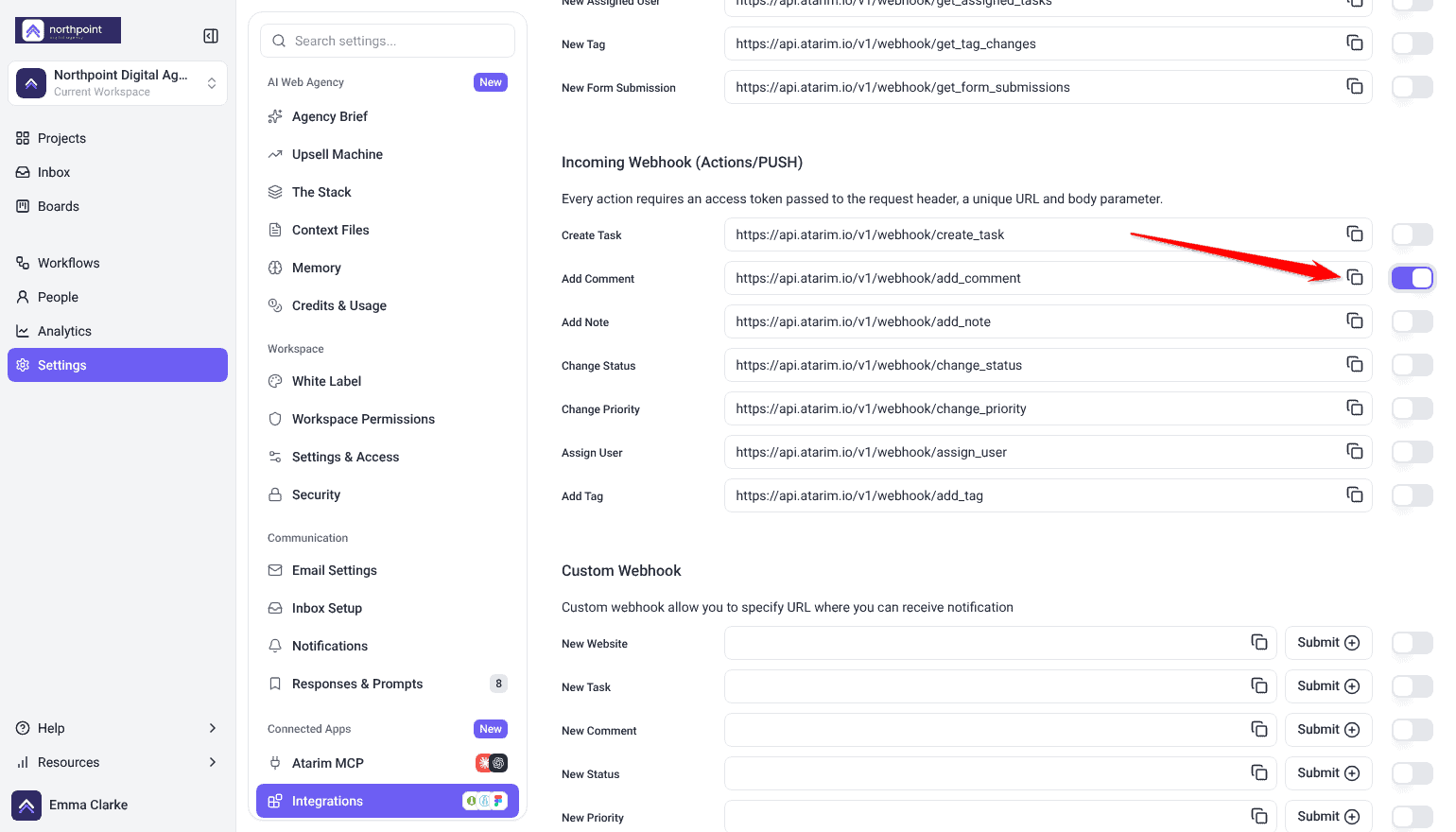 Incoming Webhook (Actions/PUSH) list with Add Comment switched on, arrow on the Add Comment copy icon