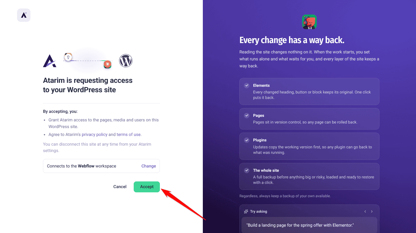 Atarim is requesting access to your WordPress site, connecting to the Webflow workspace, with the Accept button