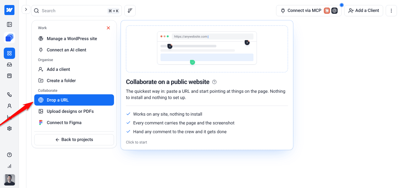 Add new with Drop a URL highlighted and its Collaborate on a public website panel
