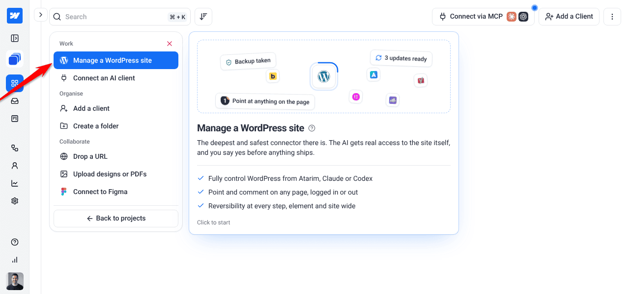 Add new with Manage a WordPress site highlighted and its panel describing the plugin connection