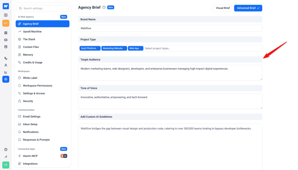 Advanced Brief fields: Brand Name, Project Type, Target Audience, Tone of Voice and Add Custom AI Guidelines