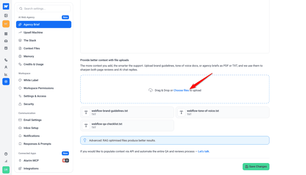 File upload area in the Advanced Brief with three TXT files attached