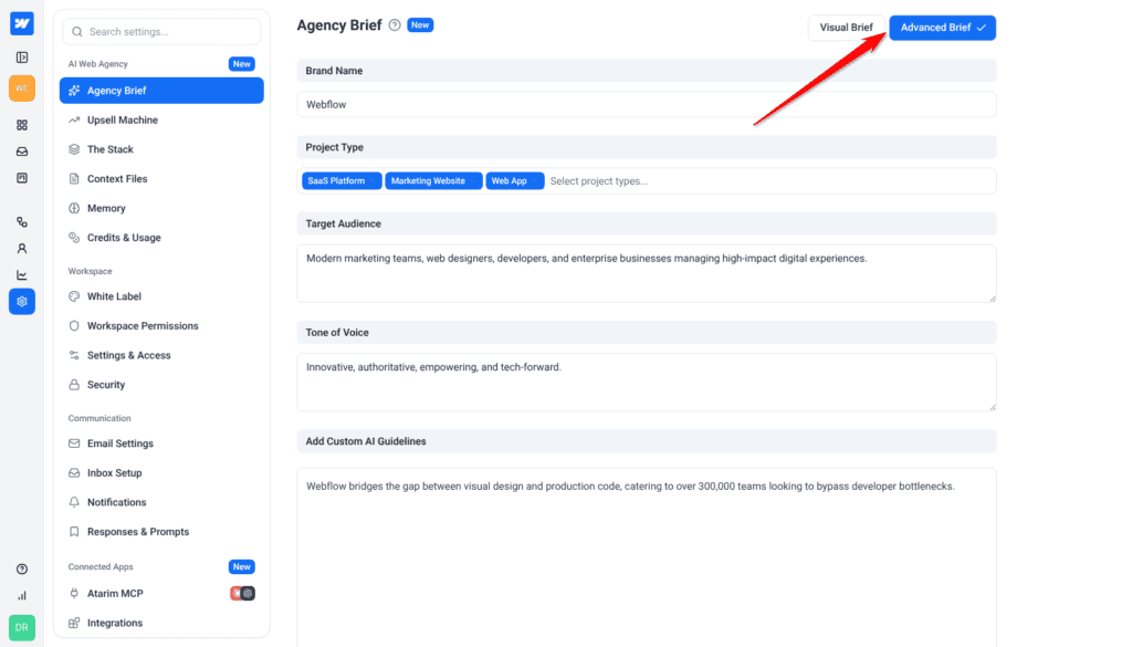 Advanced Brief selected in the toggle at top right of Agency Brief