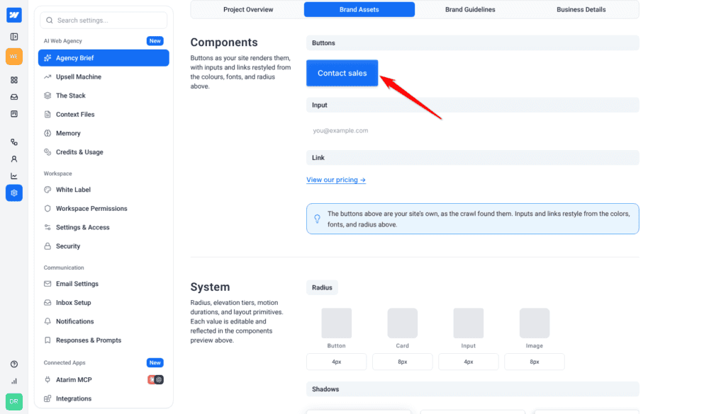 Components section previewing the site's button, input and link styles