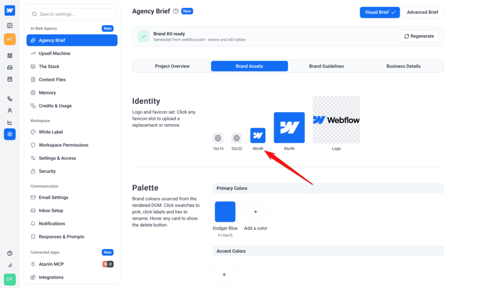 Brand Assets tab with the Identity section showing the Webflow logo and favicon slots