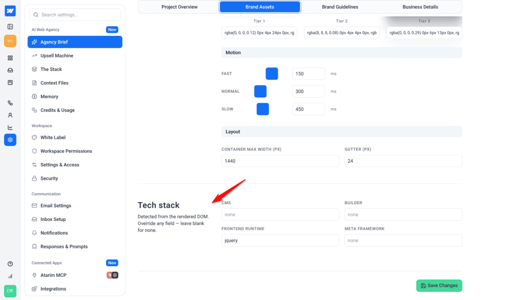 Tech stack section with CMS, Builder, Frontend runtime and Meta framework fields, and Save Changes