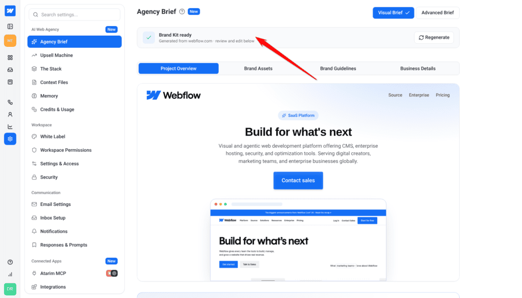 Brand Kit ready status bar reading Generated from webflow.com, review and edit below, above the Project Overview tab