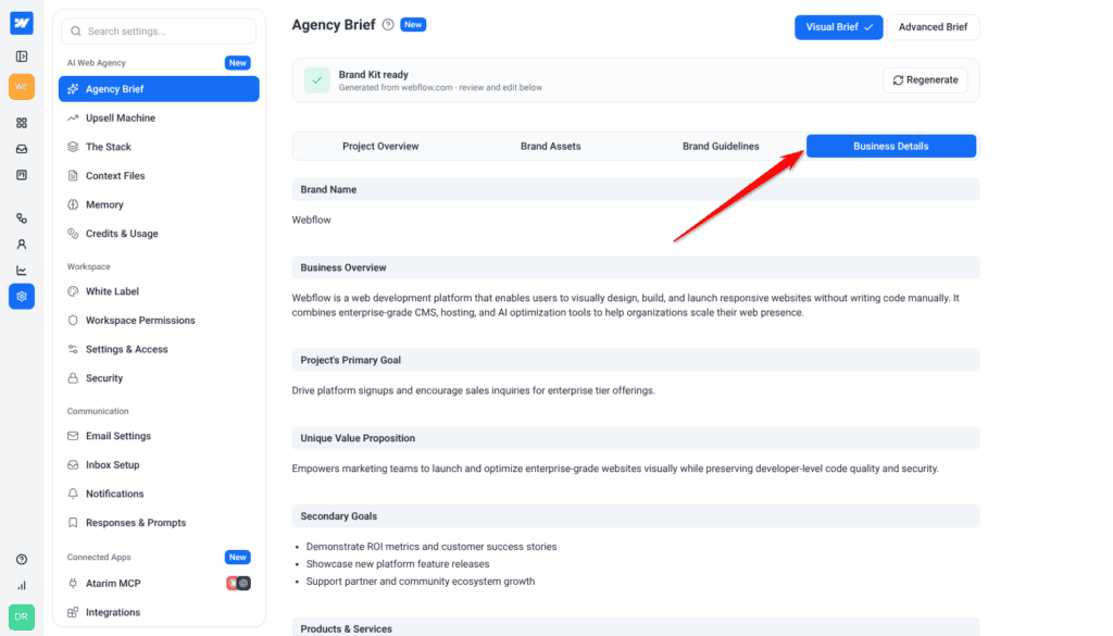 Business Details tab showing Brand Name, Business Overview, the goals and the Unique Value Proposition