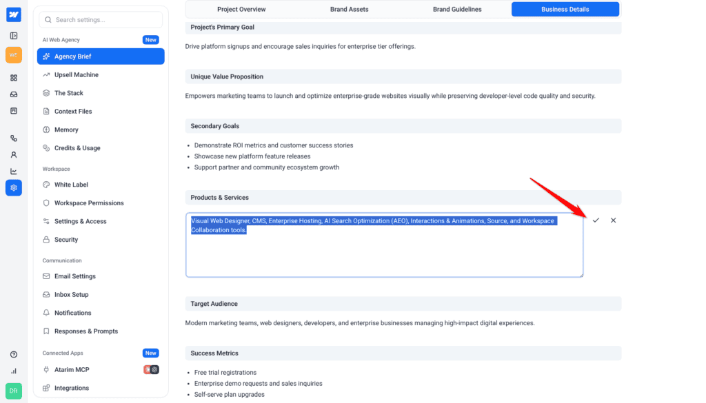 Products & Services field open for inline editing with the tick to confirm