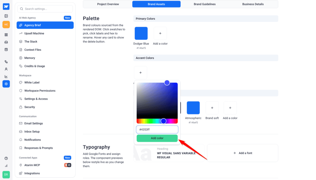 Color picker open under Accent Colors with a hex value entered and the Add color button