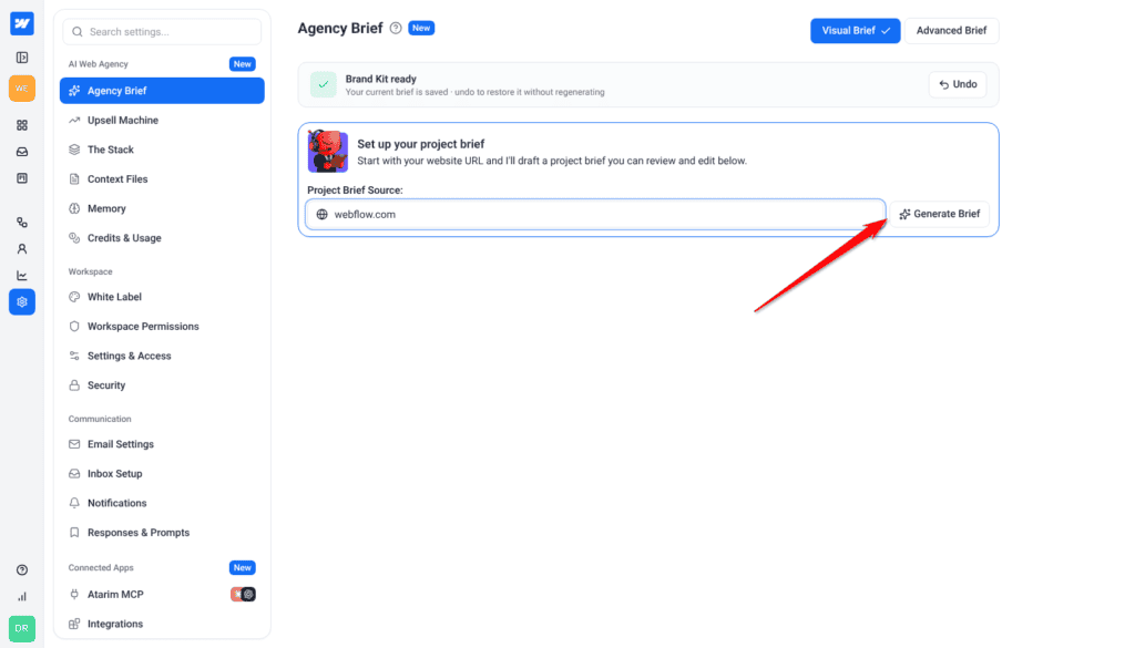Project Brief Source filled in with webflow.com and the Generate Brief button highlighted